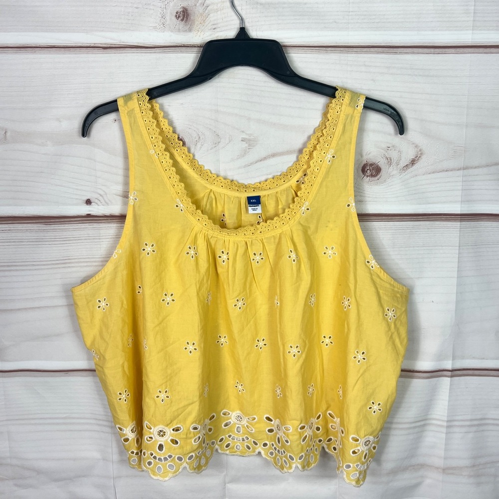 Old Navy Top Womens XXL Yellow Eyelet Tank Cropped Cotton Sleeveless Scoop Neck